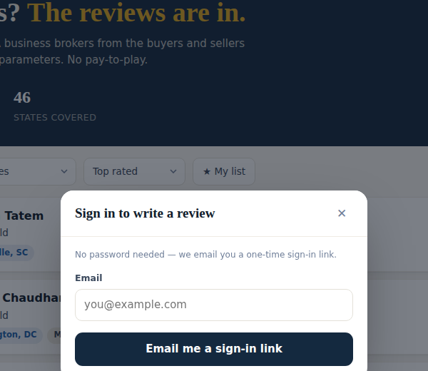 Sign-in dialog: enter your email and receive a one-time sign-in link